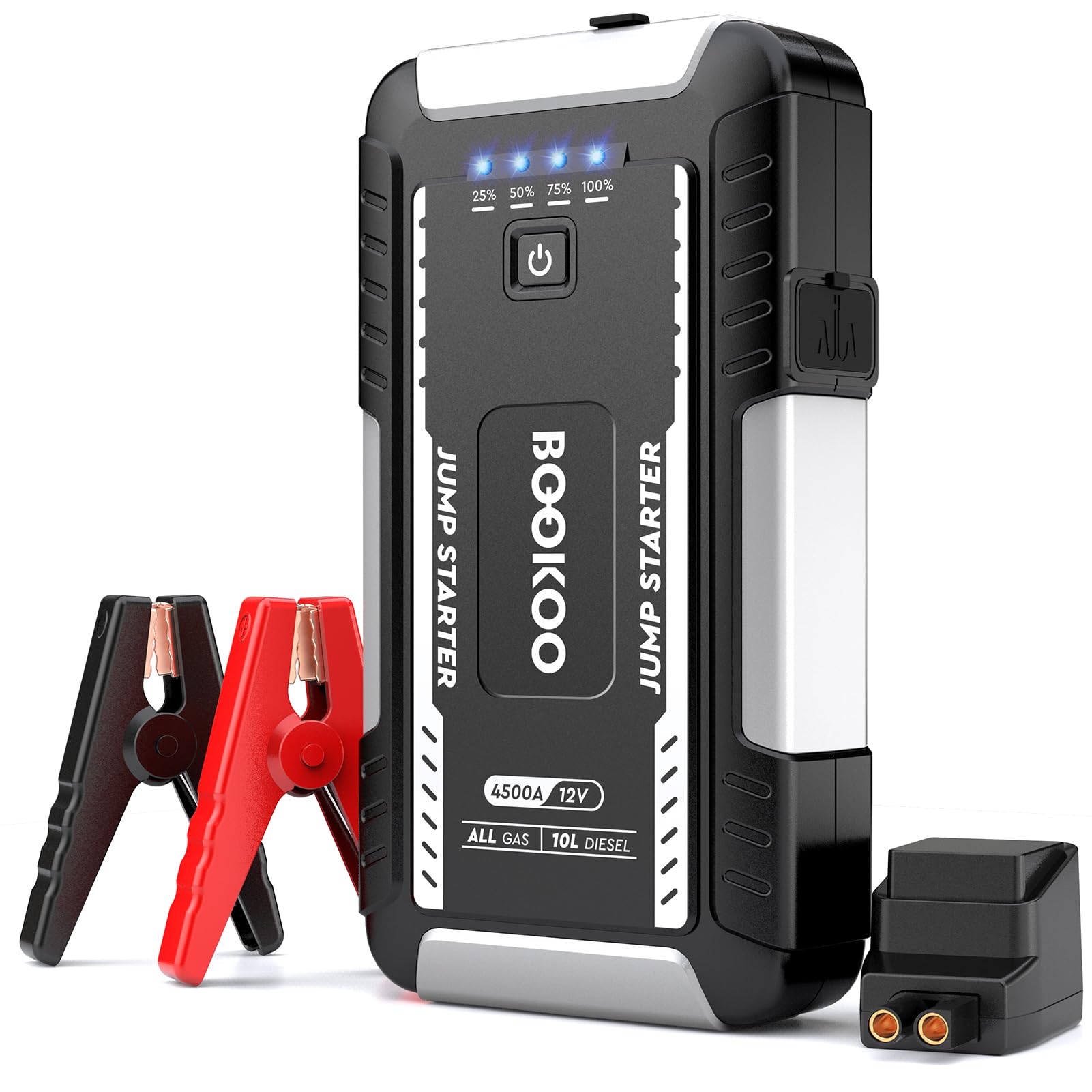 BOOKOO Portable Car Jump Starter, 4500A Jump Start Battery Pack up to 10.0L Gas/ 8.0L Diesel Engines, 12V Car Battery Jump Box with Jumper Cables, Power Bank/QC3.0/Dual Output/LED Light (Silver) Image