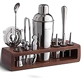 Modern Mixology 21-Piece Cocktail Shaker Set with Stand, Bartender Kit for Home Bar Accessories: 24oz Martini Shaker, Jigger, Strainer, Bar Spoon, Tongs, Opener, Muddler (Silver, Dark Brown Stand)