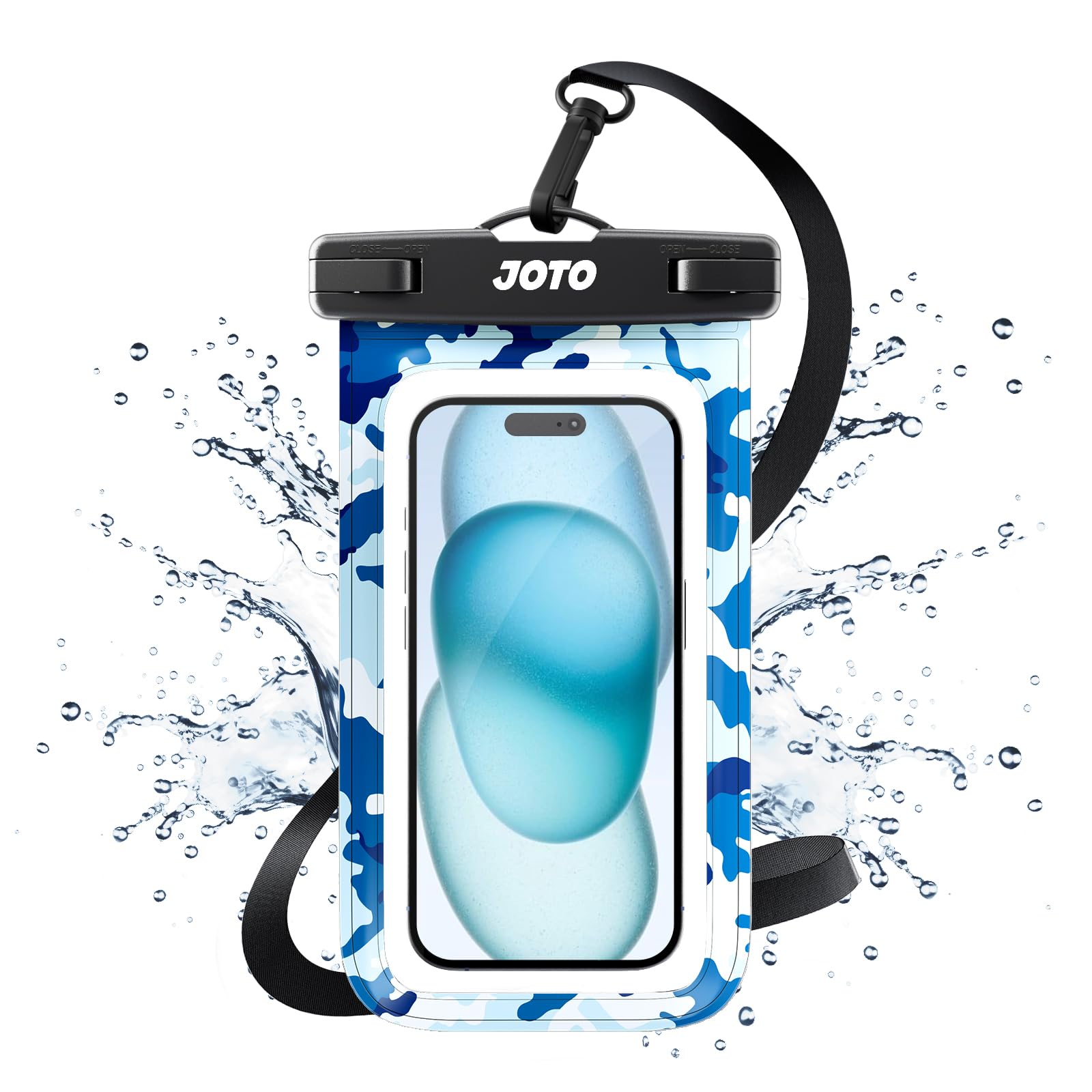 JOTO Waterproof Phone Pouch Cellphone Dry Bag Case for iPhone 17 Air 16 15 14 13 12 Pro Max Xs Max XR X 8 7 6S Plus SE, Galaxy S23 S22 S22+ S21 FE up to 7" -CamoBlue — image 1