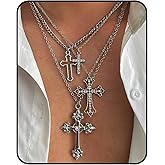 JWIGP Layered Cross Necklace Set for Women Men – Multi Chain Gold Silver Cross Pendant Jewelry with Rhinestone Accents, Vintage Punk Gothic Style Jewelry Gifts