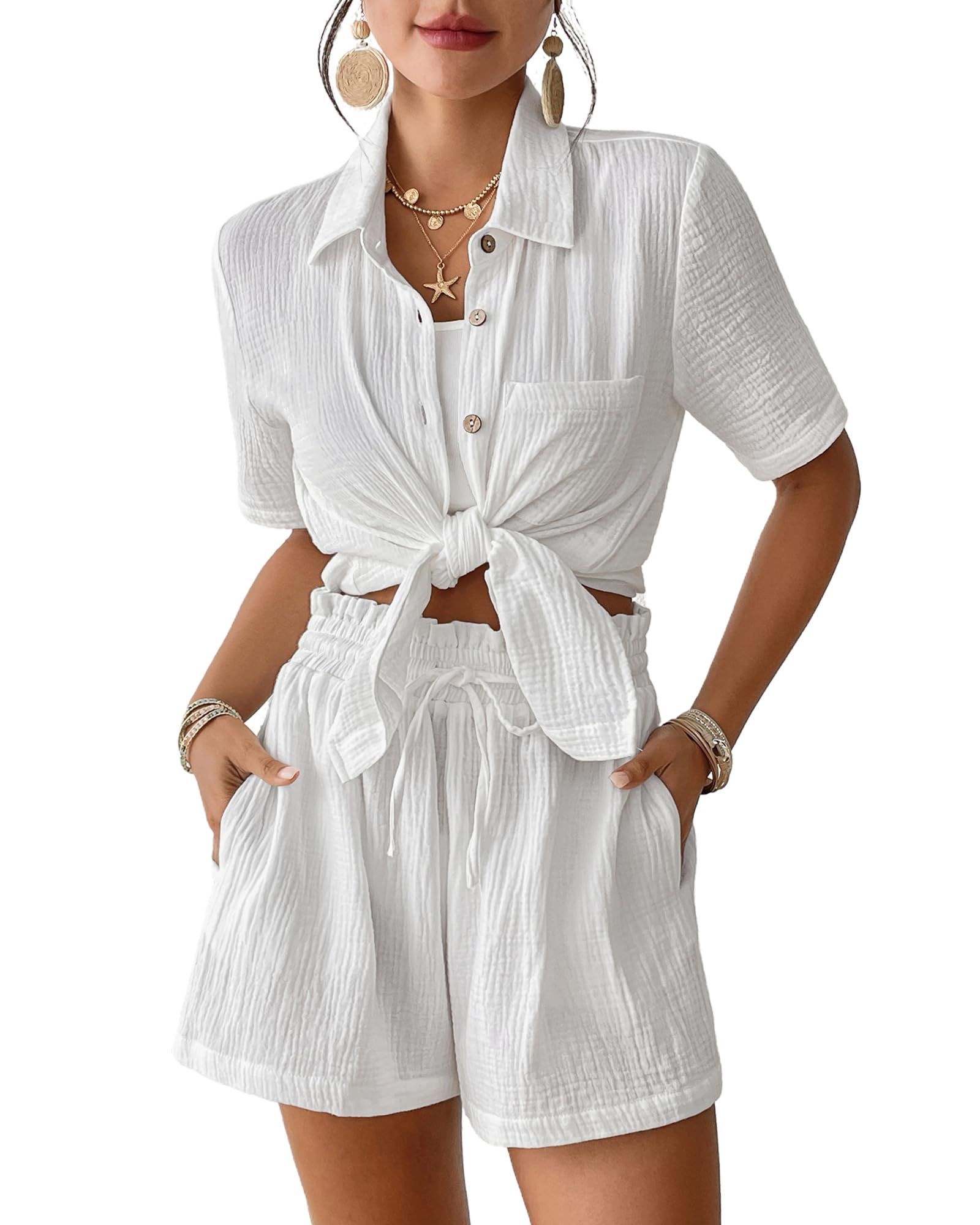 Photo 1 of (USED/FAIR) (BAGGED) (MEDIUM) Bsubseach Womens 2 Piece Cover Ups Set Cotton Beach Short Sets Short Sleeve Button Down Shirt Shorts Resort Wear 2025 White M