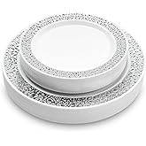 MATANA 40 Sliver Plastic Plates with White & Silver Lace Trim - 20 Dinner Plates 10.25" Inch, 20 Salad Dessert Appetizer Plates 7" Inch - Heavy Duty, Elegant, Reusable for Parties, Wedding & Events