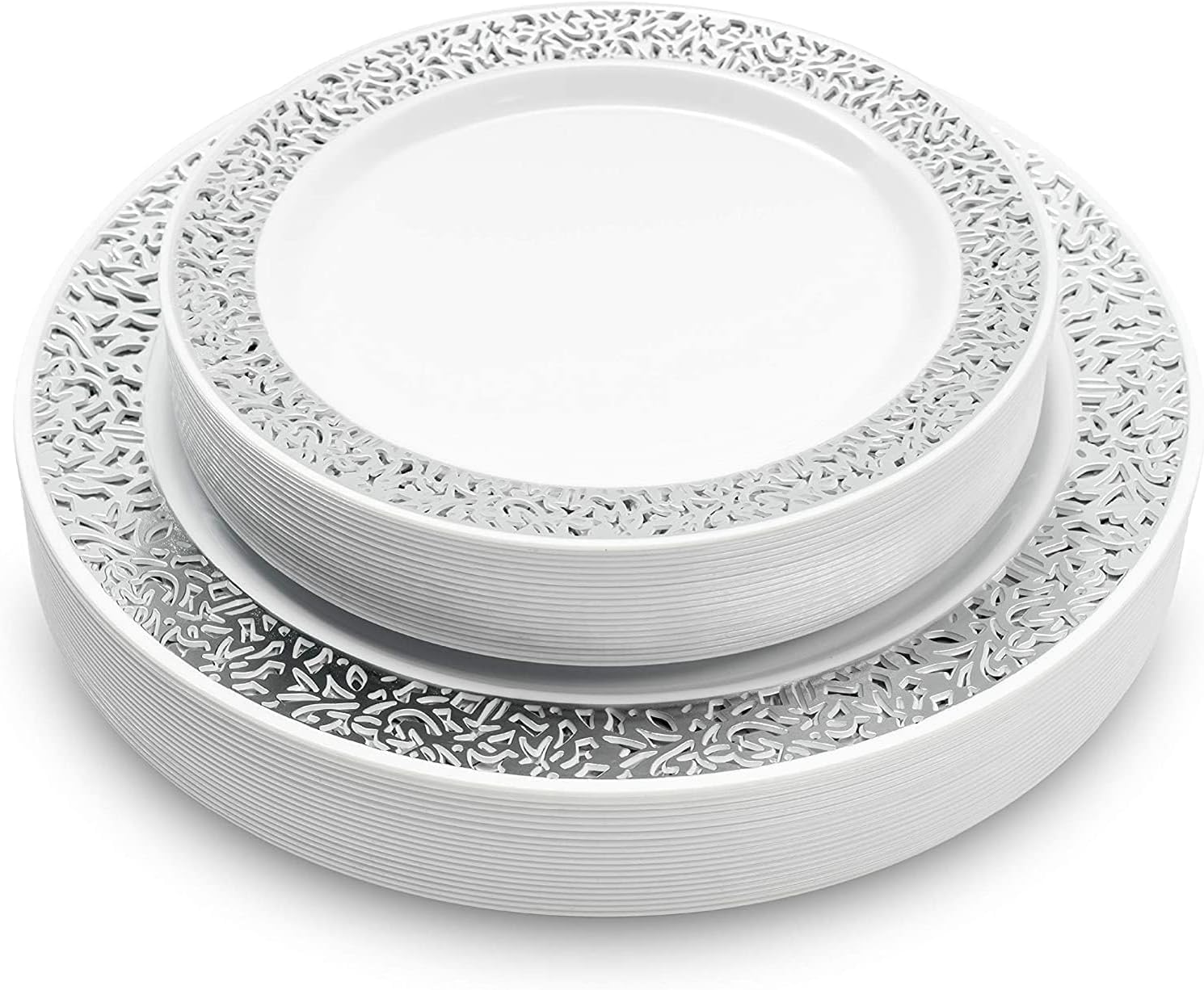 MATANA 40 Premium White Plastic Plates with Silver Lace Rim - 20 Dinner and 20 Dessert Plates - Elegant & Reusable Party Tableware for Weddings, Birthdays, Picnic, Parties