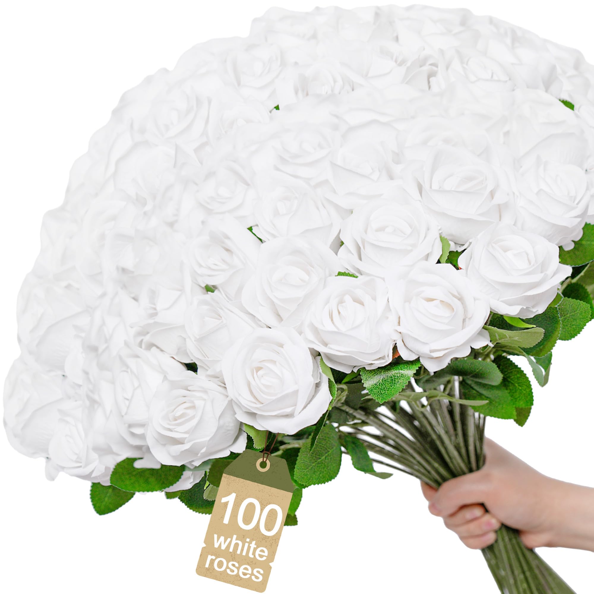 Photo 1 of [100]Pcs Realistic Artificial flowers White Roses Bulk, Silk Flowers for wedding decorations & Home Decor, Bridal Bouquets & Centerpieces, Perfect for Halloween & Valentine's Day Decorations (100)