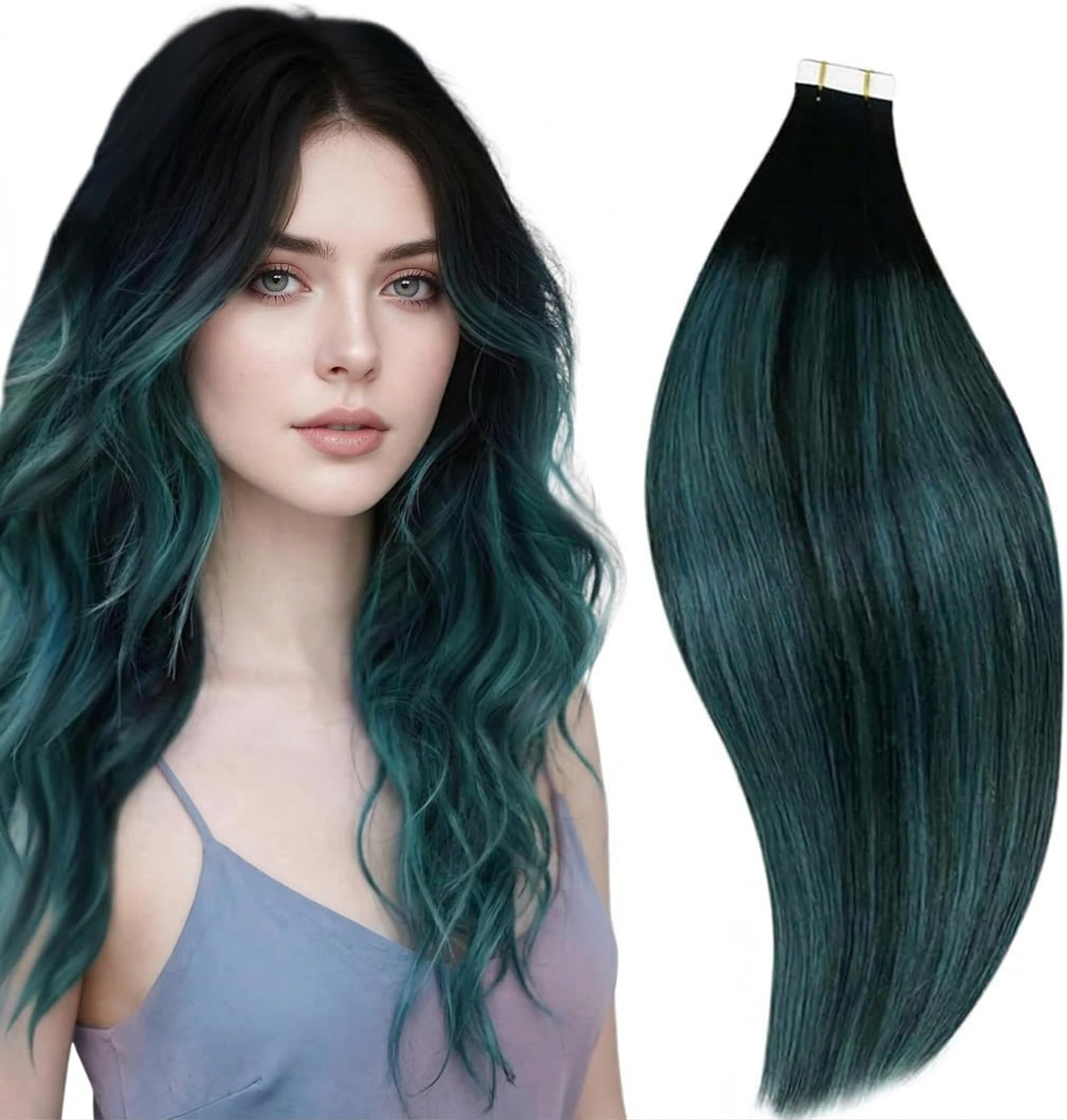 RUNATURE Teal Tape in Hair Extensions Human Hair Black Ombre Teal Hair Extenions Tape in Real Human Hair 16 Inch 50 Gram — image 1