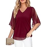 Uhiger 3/4 Length Sleeve Womens Tops V Neck Chiffon Blouse Dressy Casual Double Layered for Weekend Outings and Everyday Wear