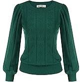GRACE KARIN Women's Long Lantern Sleeve Crew Neck Crochet Top Hollow Out Fall Pullover Sweater