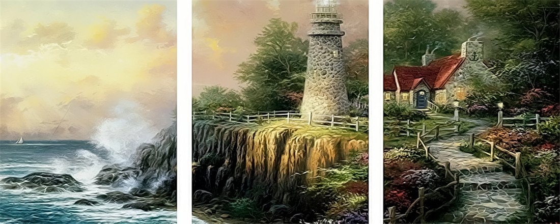 YEESAM ART New Paint by Numbers for Adults Set Pack of 3 Multi Pack Pieces Panels Canvas - Seaside Cabin Lighthouse 3 x 16 * 20 inches Linen Canvas - DIY Digital Painting by Numbers Kits (With Frame)