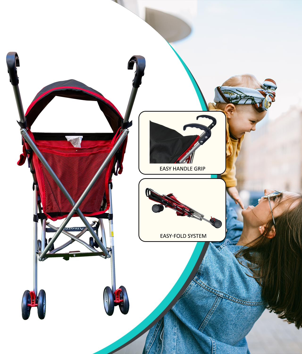 AmorosO Single Umbrella Stroller for Toddler, Travel Stroller for Babies - Sunlight and Light Rain Protection - Baby Stroller with Four EVA Wheels - Travel-Ready Stroller - Round Canopy (Red/Black)