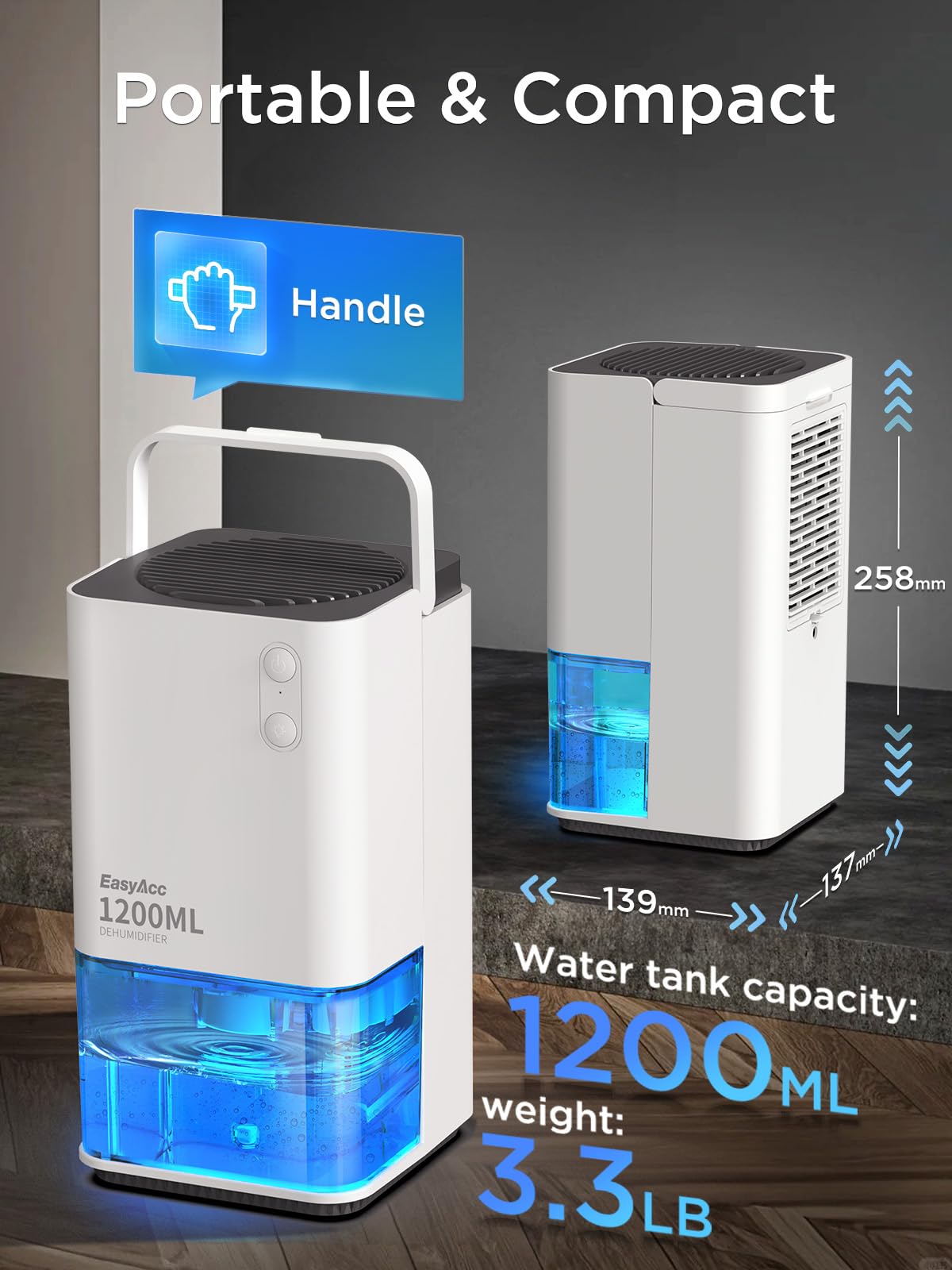 EasyAcc® 1200ml Electric Dehumidifier with Ultra Quiet & Auto Shut off 7 Colorful LED Portable Mini Dehumidifier for Wardrobe, Bathroom, Closet, RV, Bedroom, Garage - White