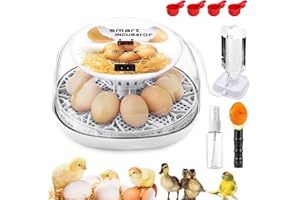 MYMULIKE Incubators for Hatching Eggs, Chicken Waterer Cups, Automatic Egg Turner Holds 12 Eggs, Smart Incubator 360° Clear Window with Temperature Display Egg Candler for Small Poultry Chickens Ducks Quails