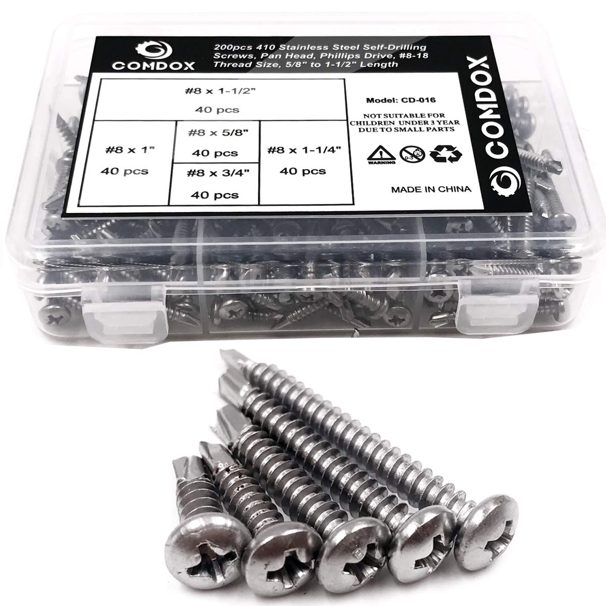 Comdox 410 Stainless Steel Pan Head Phillips Self Drilling Screws Sheet Metal Tek Screws Assortment Kit, Modified Truss Head Self Driller - Size: #8 x 5/8" to #8 x 1-1/2" (Pack of 200)