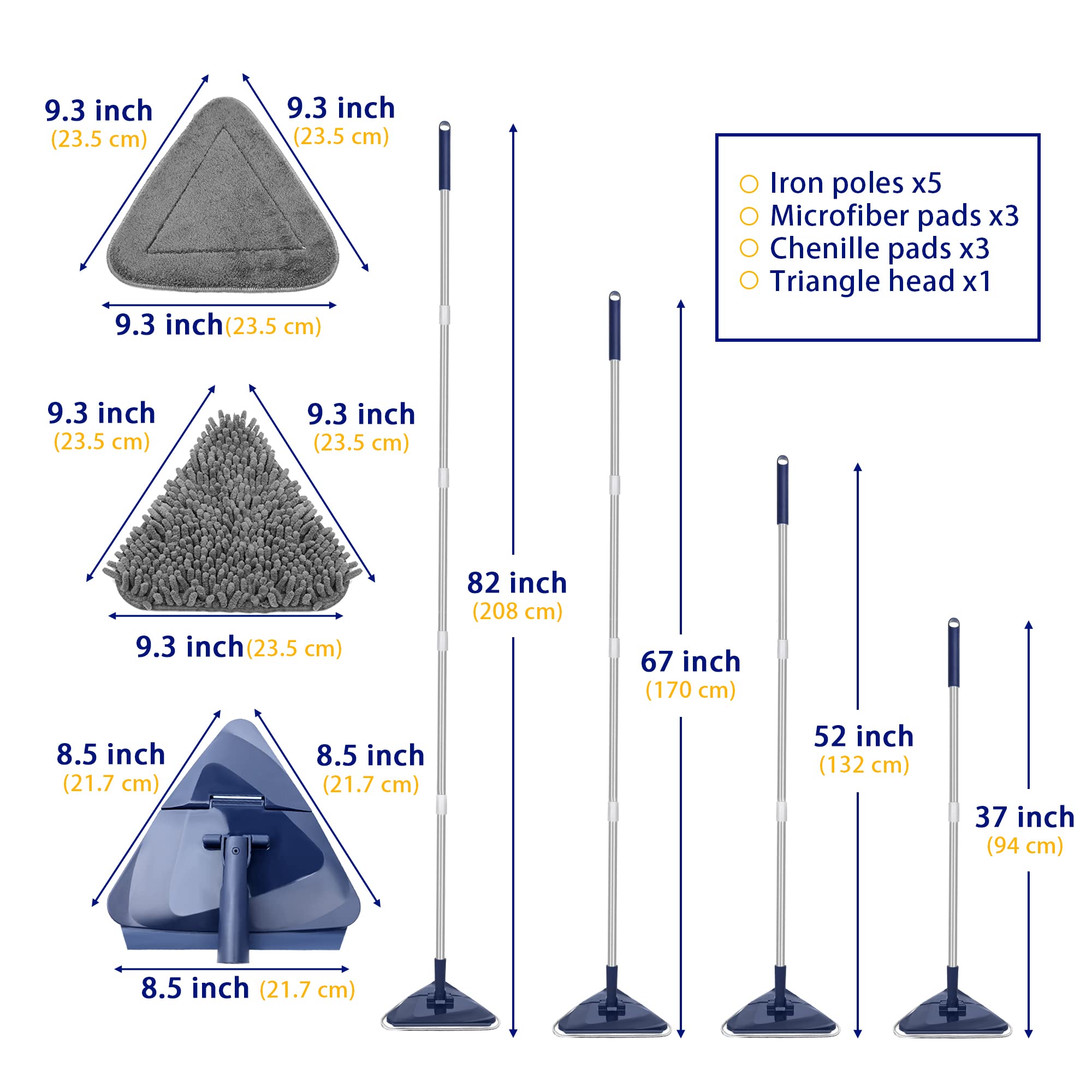 ZUBULUN Wall Mop with 82 Inches Long Handle, 360 Degree Rotating Microfiber Triangle Baseboard Cleaner Tool Duster with Window Squeegee for Cleaning Painted Wall, Ceiling, Floor, 6 Replacement Pads