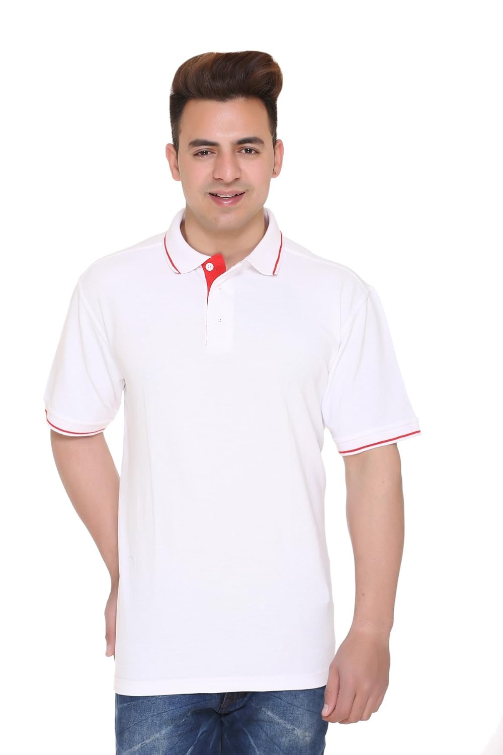 red t shirt with white collar