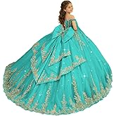 PAEGXN Sequin Applique Flower Girl Dress Gold Lace Pageant Dresses for Girls with Bow Off Shoulder First Communion Dress