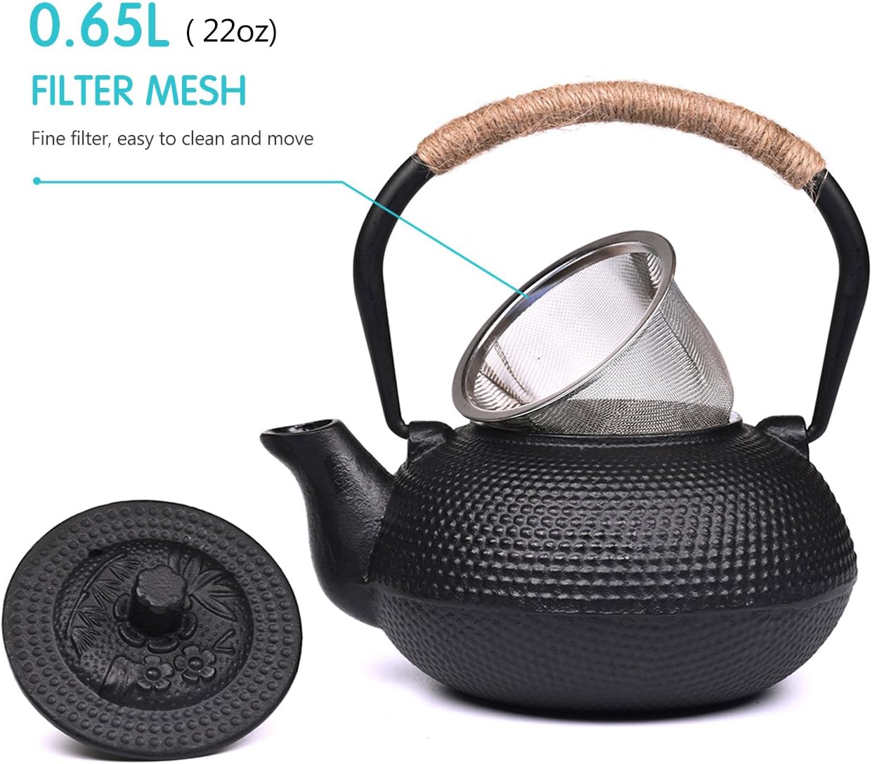 SUSTEAS Japanese Tetsubin Tea Kettle Cast Iron Teapot with Stainless Steel Infuser Black 650ml - Image 3