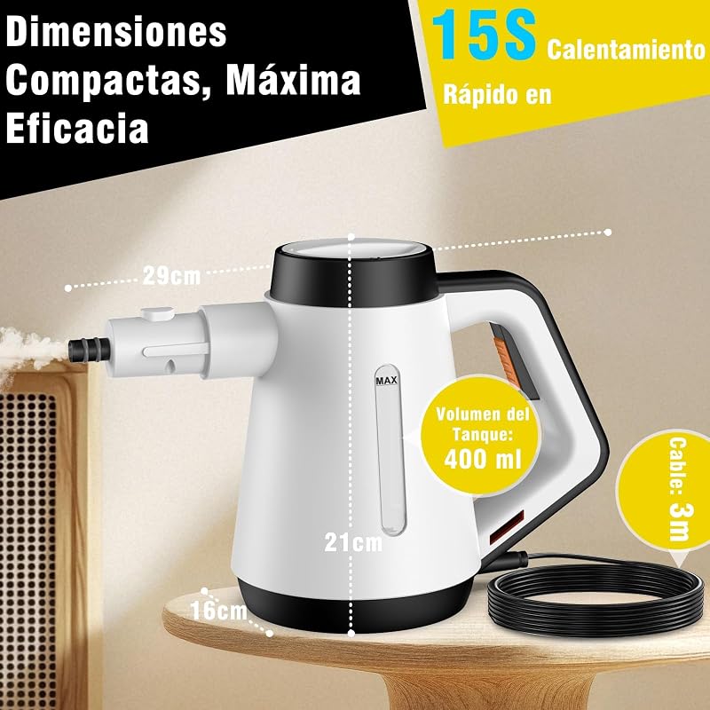 Limpiador a vapor de mano, 400 ml, limpiador a vapor a presión multiusos con 9 accesorios, limpiador a vapor sin productos químicos para uso doméstico, limpieza de suelos, azulejos, ventanas