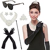 Horolam 6PCS 1920s Accessories, Holly Golightly Costume 20s Accessories Pearl Necklace Earrings Gloves Sunglasses for Women