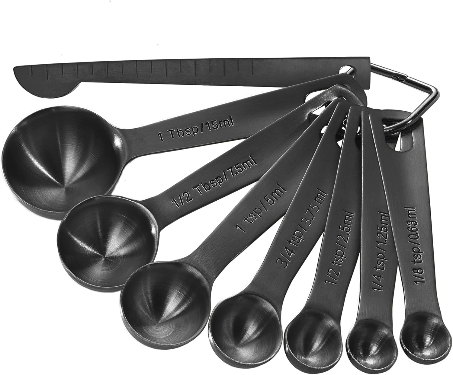 Black Measuring Spoons Heavy Duty 18/8 Stainless Steel Measuring Set of 8 with Leveler includes: 1/8 tsp, 1/4 tsp, 1/2 tsp, 3/4 tsp, 1 tsp, 1/2 tbsp, 1 tbsp for Dry and Liquid Ingredients by Homestia: Kitchen & Dining