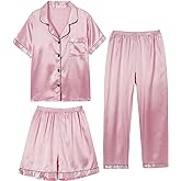 Hupohoi Unisex Girls Boys Kids Pajama Sets Button Down Satin Sleepwear Nighty 3PCS Silky Lounge Sets Nightwear