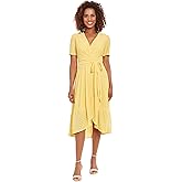 London Times Women's Dresses Short Sleeve Ruffle Wrap Dress, Snapdragon, 12