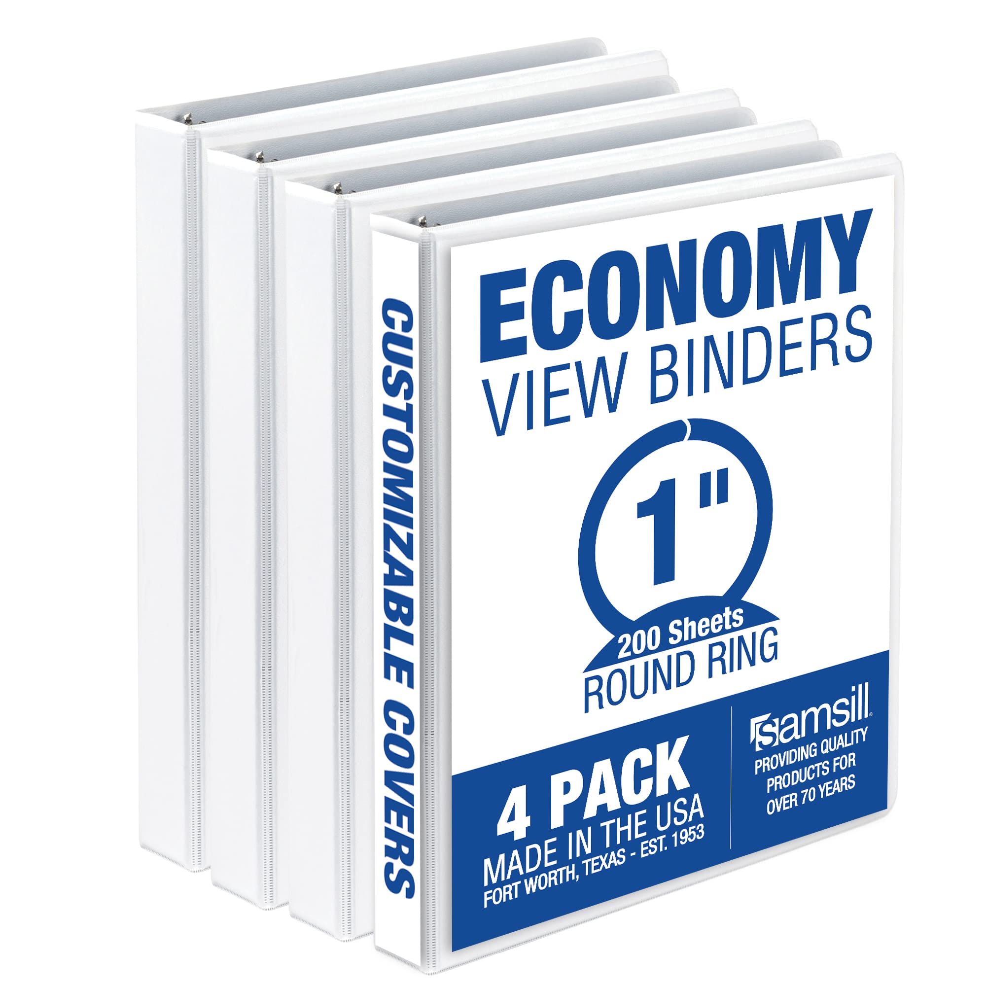 Samsill 1 Inch 3 Ring Binders, Made in USA, Economy Round Ring, Clear View Cover, 200 Sheet Capacity - for School, Home, Office - White, 4 Pack