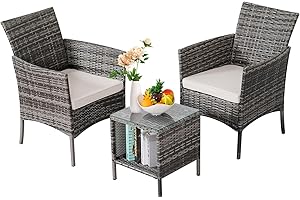PAIQIAN 3 Pieces Patio Furniture Sets Outdoor PE Rattan Small Patio Furniture Set with Soft Cushion and Glass Coffee Table with Storage for Garden Backyard Porch Poolside WeatherResistant (Grey/Beige)
