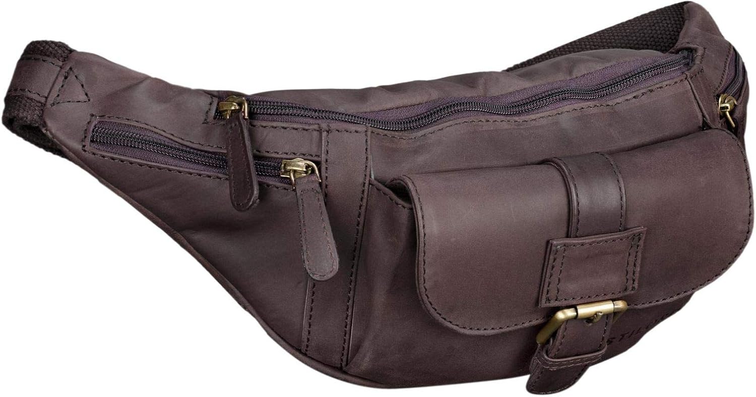 STILORD "Sam" Vintage Leather Bumbag Unisex Waist Bag Belt Bag for Women Men Travel Festival Smartphone Pouch Bag in Genuine Buffalo Leather Colour:Flat Dark Brown