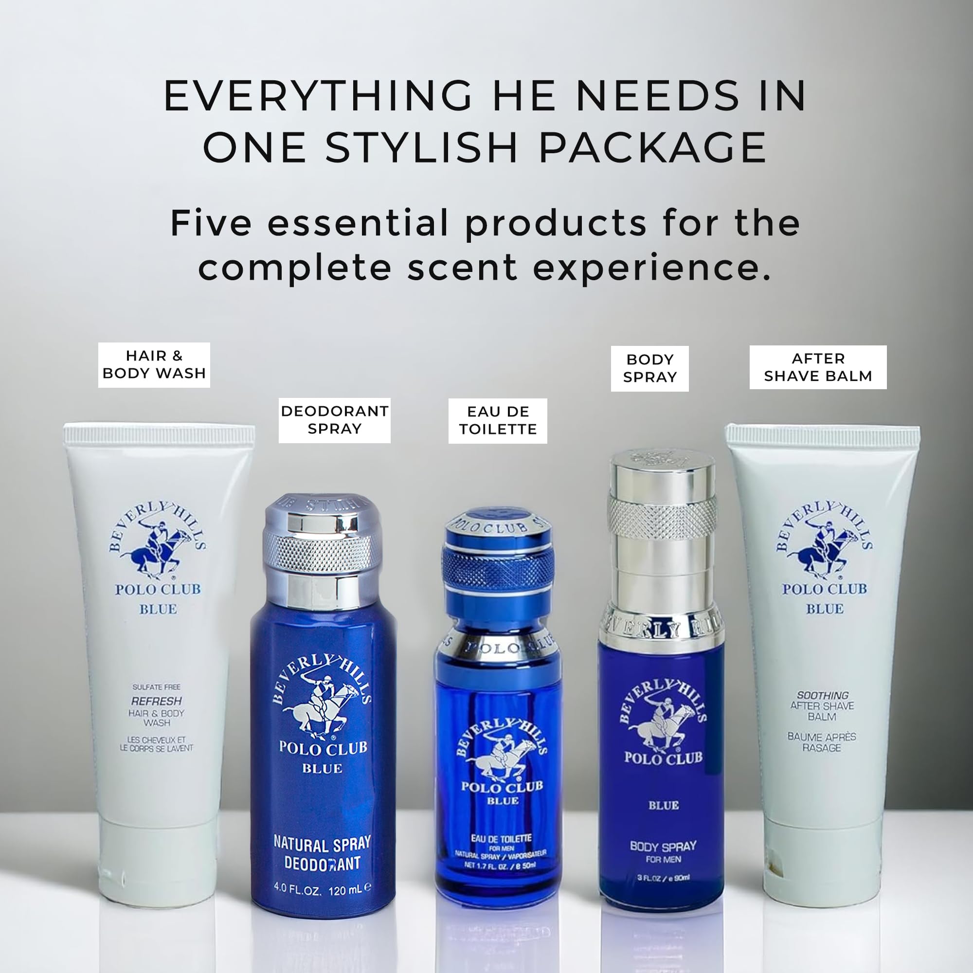 Beverly Hills Polo Club BHPC Cologne 5 Piece Gift Set for Men | Eau de Toillete, Deodorant, Shower Gel, Body Wash, Body Spray Fragrances (Blue)