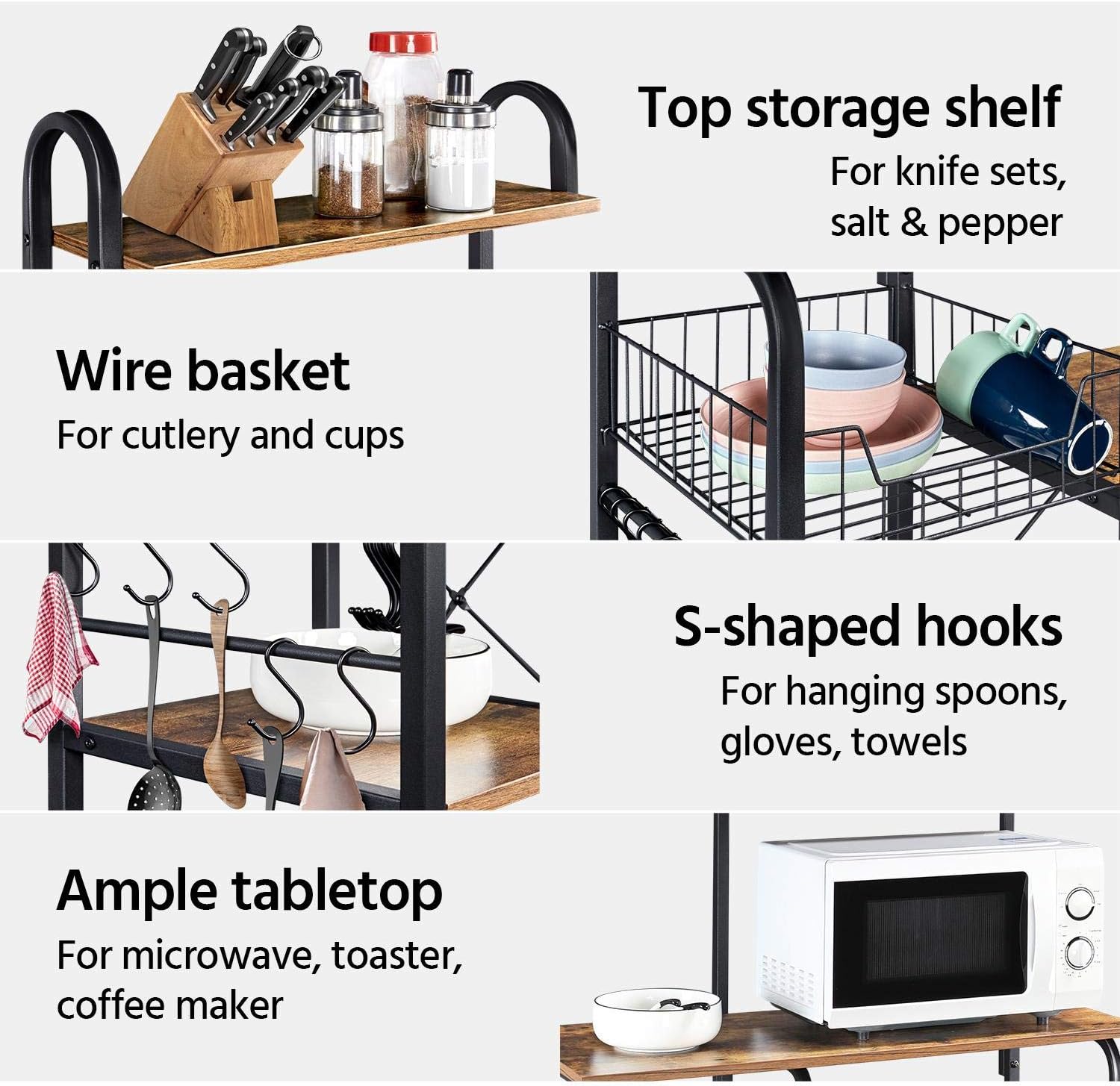 Yaheetech 35.5 inch Industrial Kitchen Baker's Rack, 4-Tier Microwave Oven Stand Workstation Organizer Shelf with Metal Frame, Utility Storage Shelf for Spices with 10 S-Hooks: Kitchen & Dining