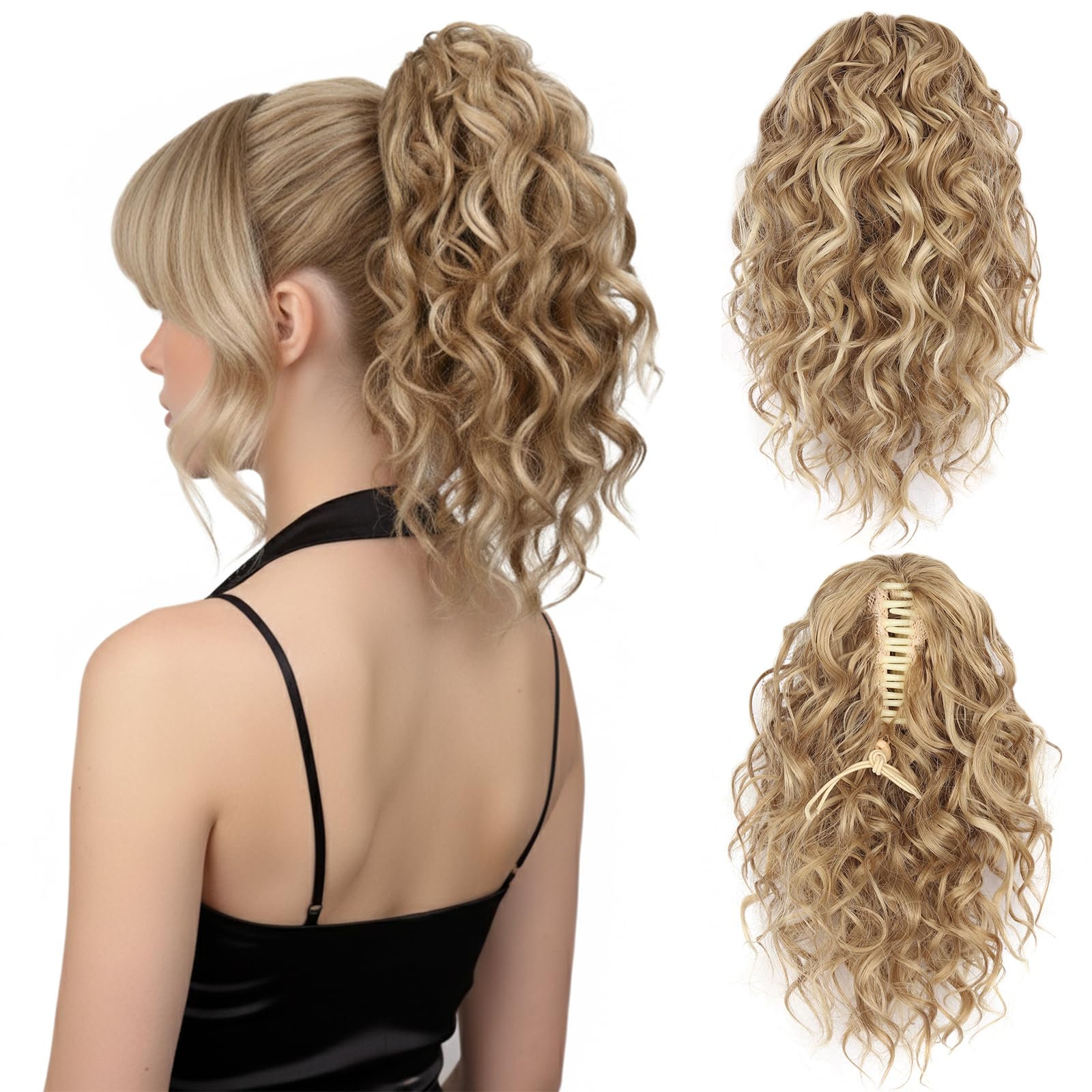 Photo 1 of 12 Inch Ponytail Extension - Clip in Ponytail Hair Extensions, Curly Pony Tails Hair Extensions, Synthetic Claw Clip Ponytail Extension for Women (Color: Medium Blonde with Beige Blonde Highlights)