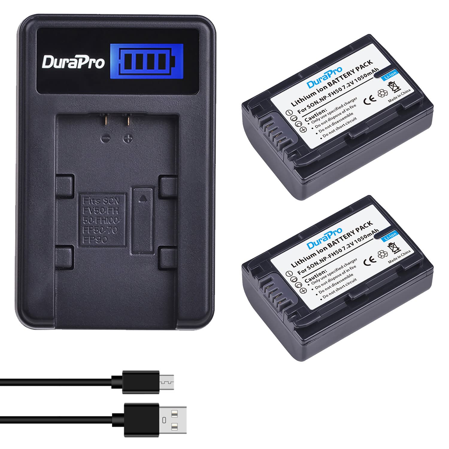 DuraPro 2Pcs NP-FH50 NP FH50 Battery + LCD USB Battery Charger for Sony NP-FH30,NP-FH40,NP-FH50,NP-FH60,NP-FH70,NP-FH100;H Series;Sony DCR-SR32,DCR-SR33,DCR-SR35,DCR-SR36,DCR-SR48,DCR-SR52 Handycams