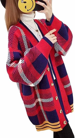 Amazon Mengfan カーディガン 春 厚手 レディース チェックコート バイカラー Vネック 防風 復古 ロングコート ゆったり シルエット トップス 韓国風 カジュアル カーディガン ボレロ 通販