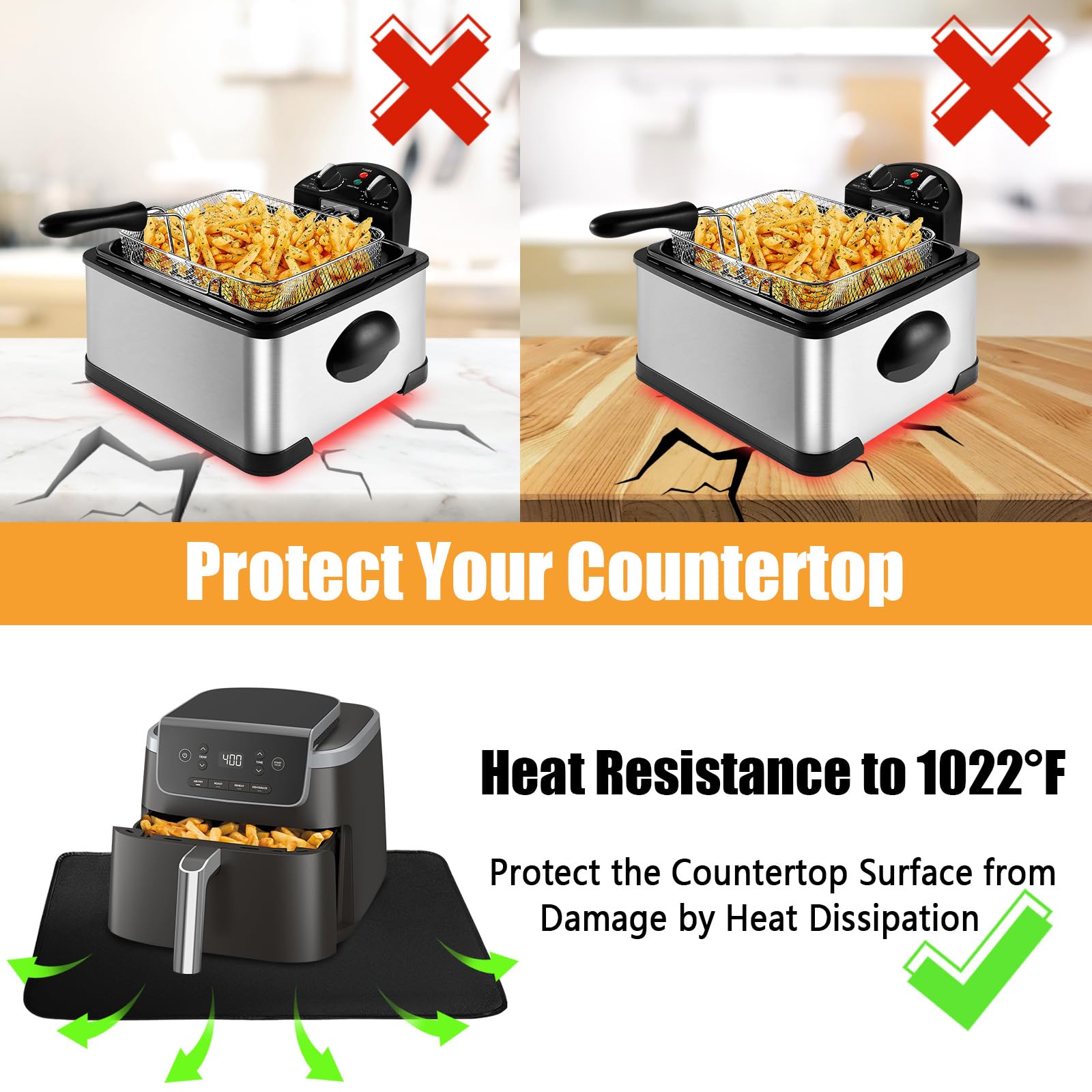 Heat Resistant Mat for Countertop, 16x20in Hot Pads for Kitchen Counter Heat Protector, Fireproof Air Fryer and Deep Fryer Mat for Oven, Coffee Machine Compatible with Ninja, COSORI, Cuisinart, Black