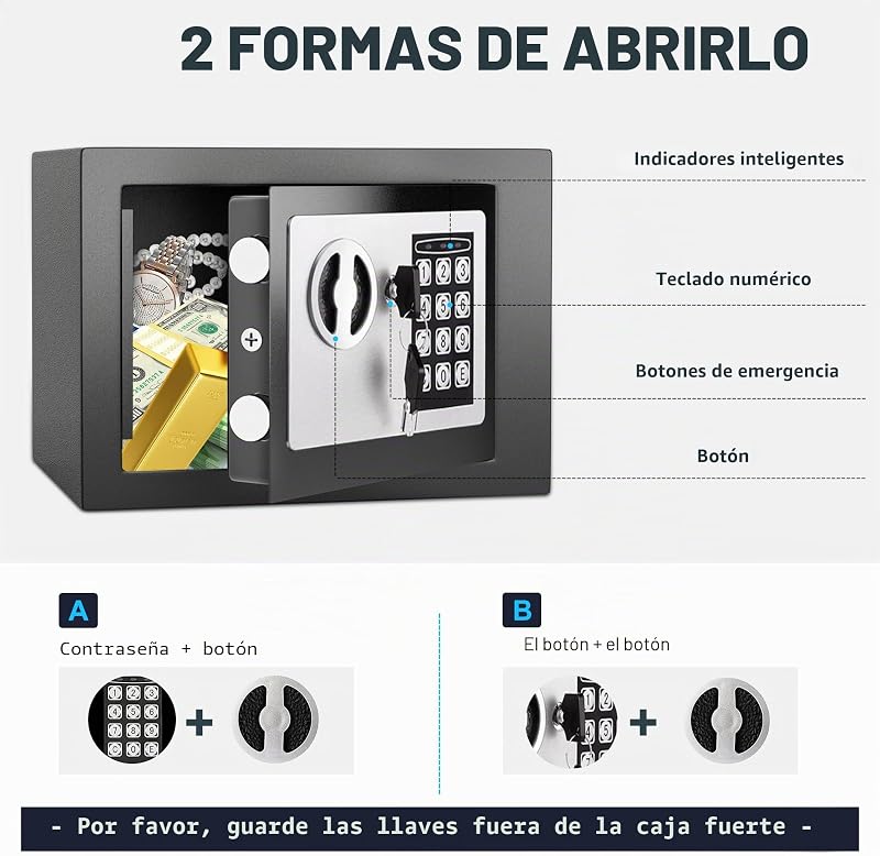Caja fuerte 6.6L con código electrónico, alta seguridad, compacta, empotrable antirrobo, para hogar/oficina/hotel/coche. Protege joyas, efectivo, armas y otros bienes. Incluye llave.