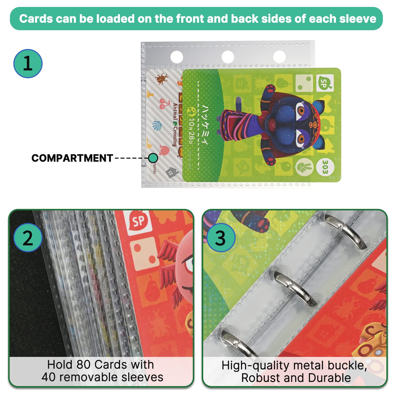 80 Pockets Binder Holder for Animal Crossing Amiibo Cards, Fits 80 Pcs 2.5 x 3.8-Inches Cards with 40 Removable Sleeves (Leaf, Full-Size Binder)