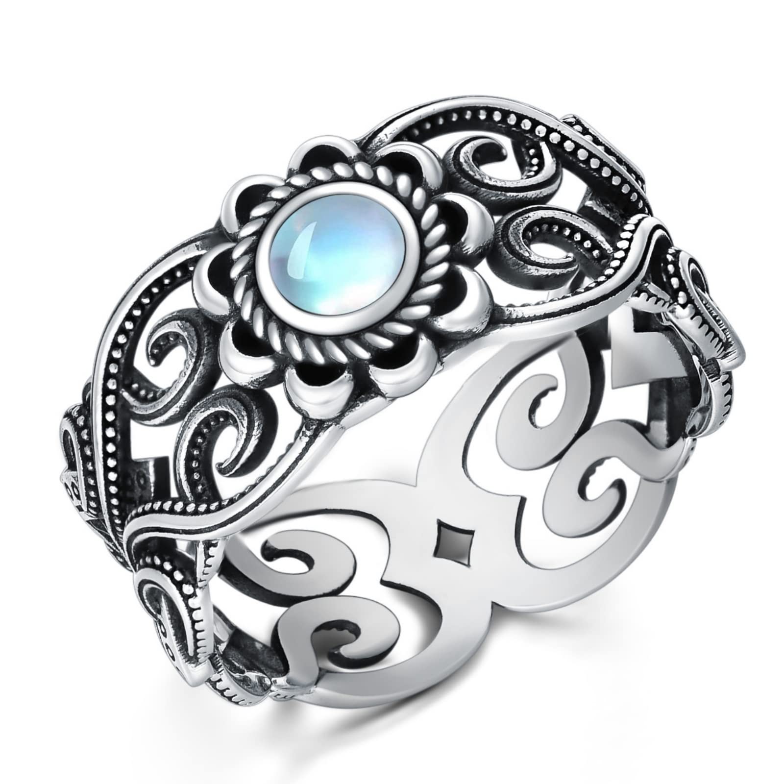 VENACOLY Moonstone Ring Sterling Silver Openwork Band Rings Anniversary Mother's Day Jewellery Birthday for Women Mum Size Q