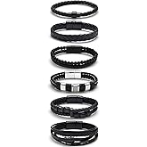 Tornito 6Pcs Black Leather Bracelets with Clasp Multi-layer Double-Row Braided Leather Bangle Wristband Cuff Bracelet for Men Women 7.5-8.5 inch
