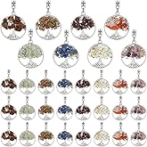 PH PandaHall 32Pcs 8 Colors Tree of Life Pendants 2.9cm/ 1.1inch Gemstone Chakra Charms, Crystal Quartz Stone Tree Life Charms for Jewelry Making