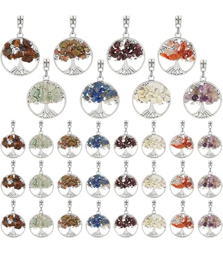 32 Pendenti Albero Della Vita SUPERFINDINGS In Pietre Naturali (ametista, Quarzo Rosa, Lapislazzuli) Rotondi Piatti Per Creazione Gioielli Fai Da Te