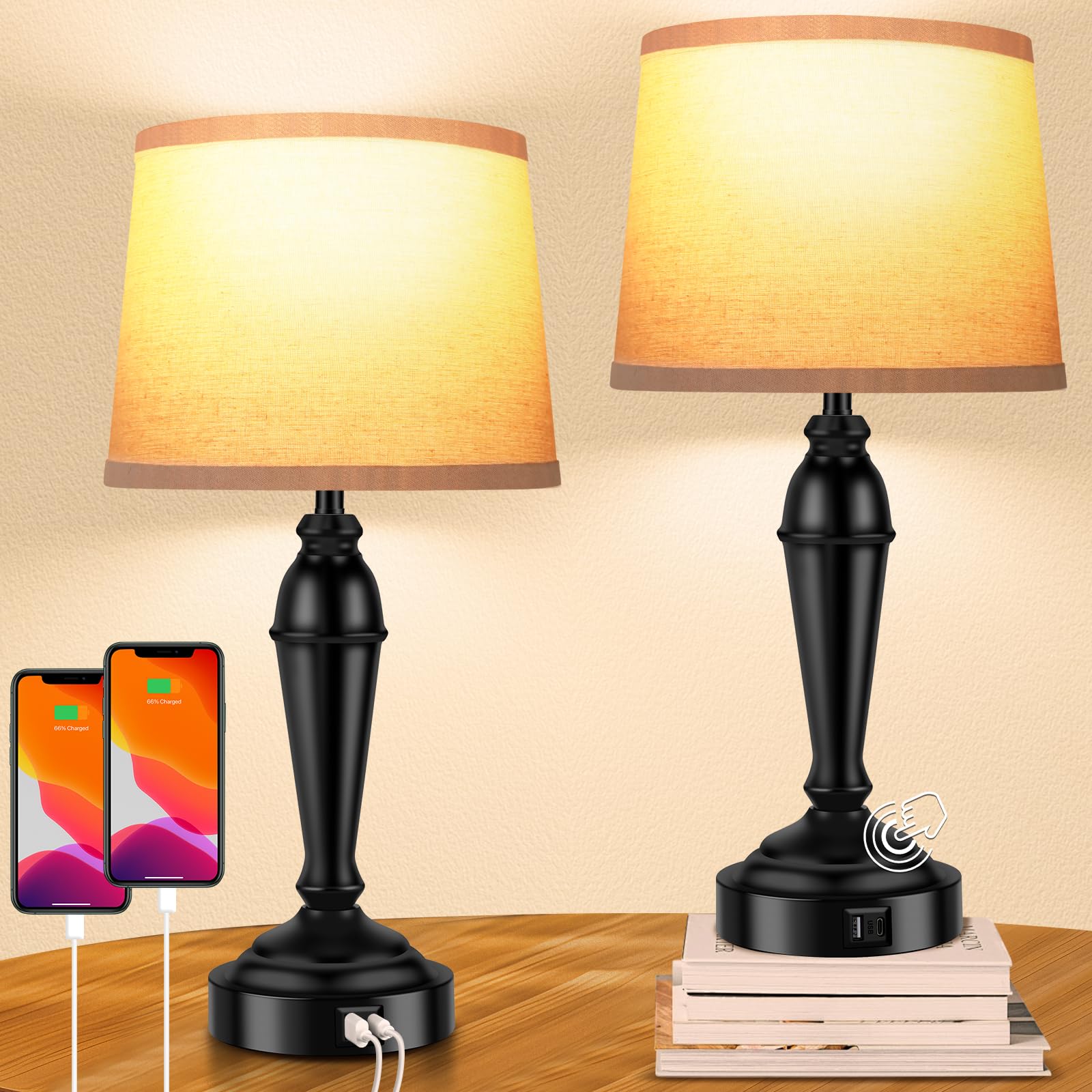 Photo 1 of Touch Nightstand Lamps Set of 2, 3-Way Dimmable Black Bedside Table Lamps with USB-C & USB-A Charging Ports and LED Bulbs for Bedroom, Living Room, Office