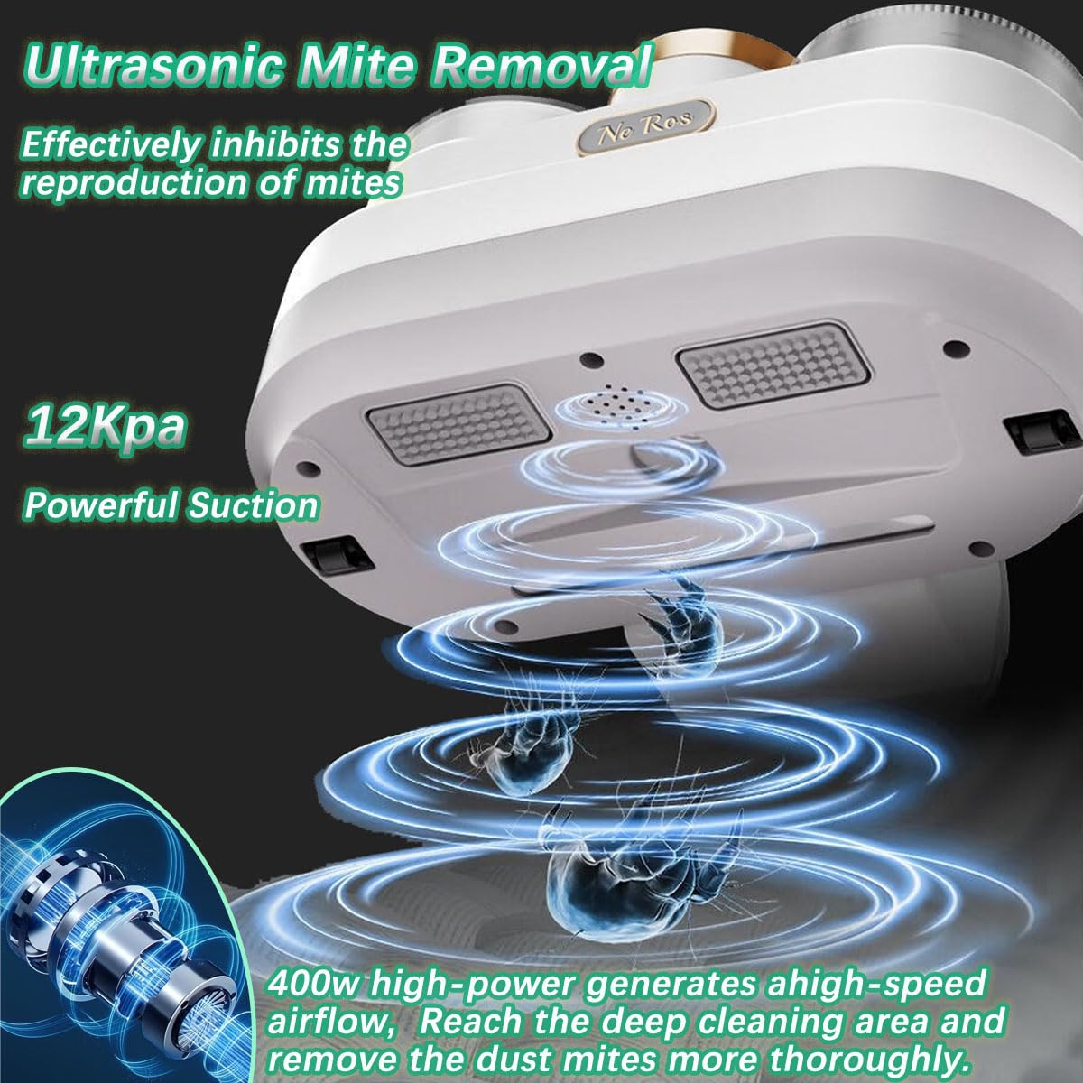 Ne Ros Anti-allergen Mattress Vacuum, Bed Vacuum Cleaner UV Sanitizing,Double Beating Brush Bed Vacuum,Powerful Suction/Ultrasonic/Removes Dust Mite Matters,Bacteria,Virus (A-White)