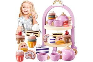 HERSITY Wooden Tea Party Set Cake Stand Toy for Little Girls, Kids Pretend Play Food Sweets Teapot Kids Set, Kitchen Accessories for Toddlers Ages 3-5