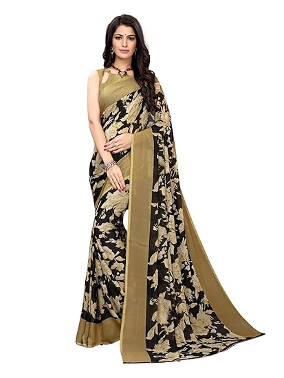 KANCHNAR Womens Georgette Floral Printed Saree with Blouse