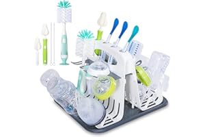 CAREBABYMORE High Capacity Drying Rack with 5pcs Brushes, Deluxe Countertop Drying Rack, Universal Drying Station, Baby Bottle Drying Rack with Bottle Brushes, White