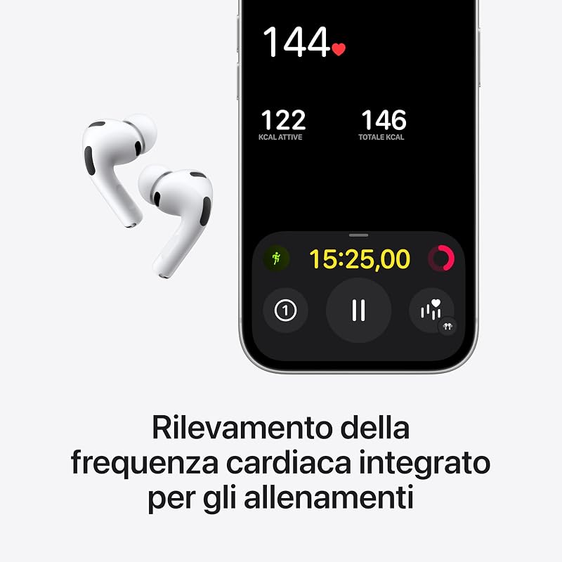 AirPods Pro 3, Cancellazione attiva del rumore, Rilevamento della frequenza cardiaca, Cuffie Bluetooth, Audio spaziale, Suono ad alta fedeltà, Ricarica USB-C​​​​​​​