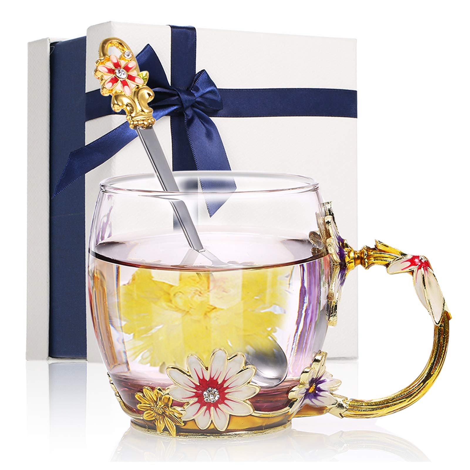 Decdeal Enamel Glass Mug, Flower Tea Cup Lead-Free Coffee Mug with Spoon&Cleaning Cloth&Gift Box,Gifts for Mum,Wife,Girl,Teacher on Birthday,Valentine's Day,Mother's Day,Wedding Anniversary,Christmas