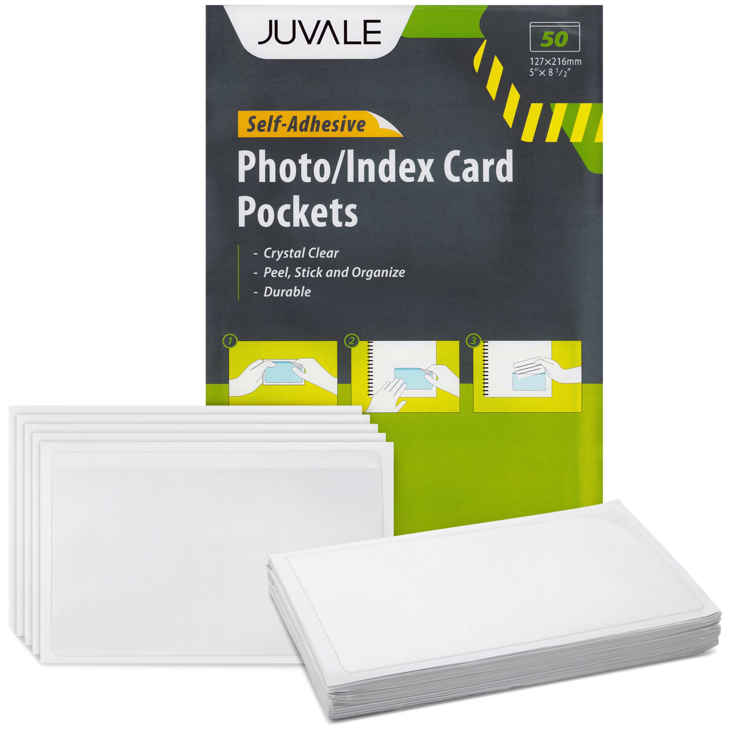 Photo 1 of 50 Pack Clear Adhesive Pockets Sleeves 5x8 for Index Card and Planners, Bulk Top Load Plastic Label Holder Protector for Photos, Note Cards, Office Supplies, Small Business