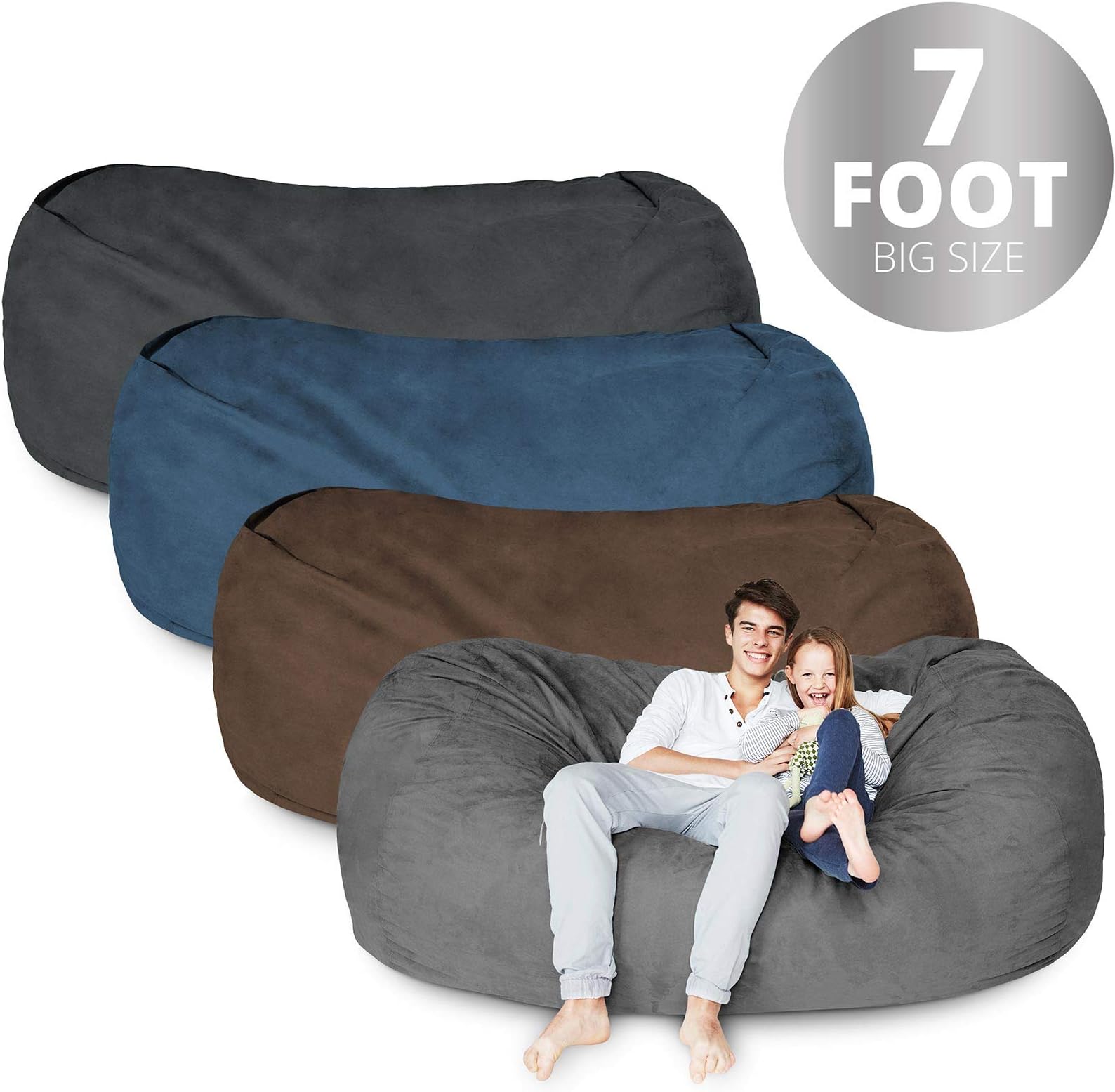 Lumaland Bean Bag Chair | 7 Foot & Black | Microsuede Cover Machine Washable Big Size Sofa and Giant Lounger Furniture for Kids Teens and Adults