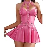 FEOYA Women's Sexy Lingerie Set Halter Bodycon Party Dress PU Leather Pleated Mini Skirt Outfit with Thongs